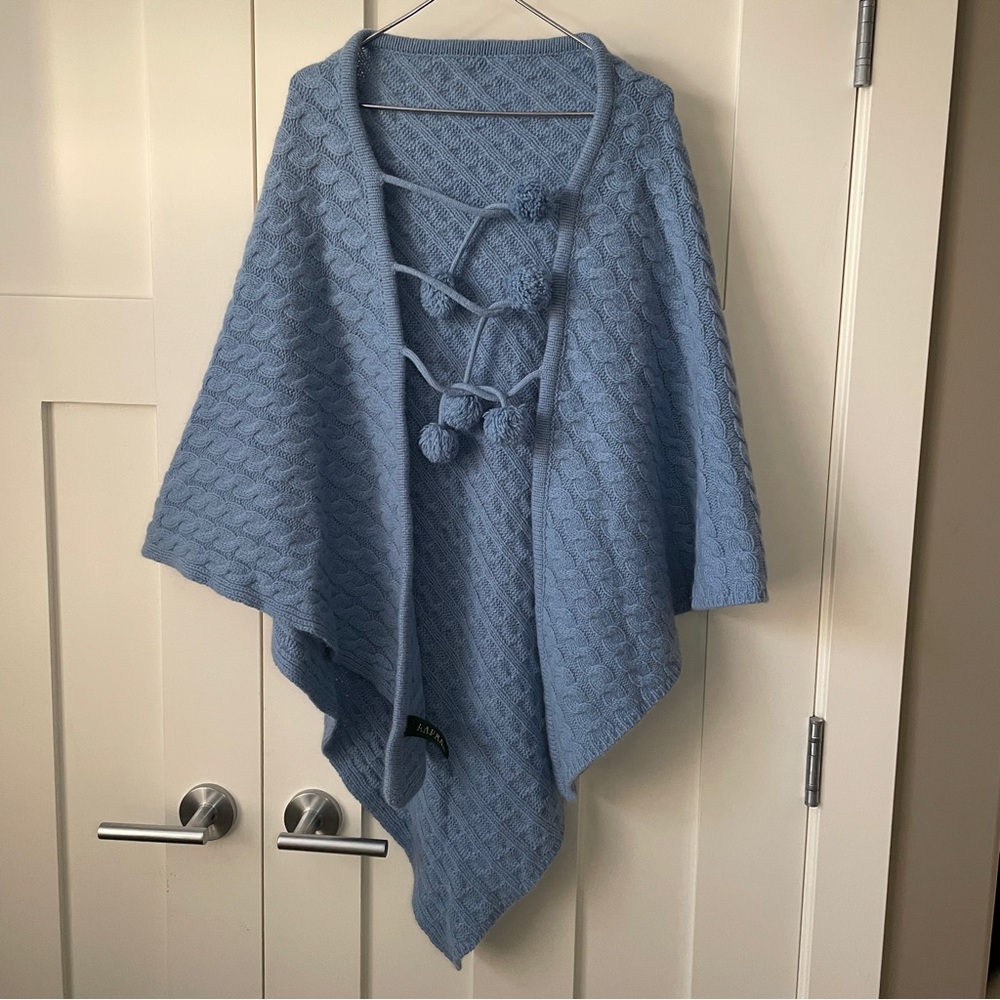 Ralph Lauren Blue Knit Poncho with Pom Poms